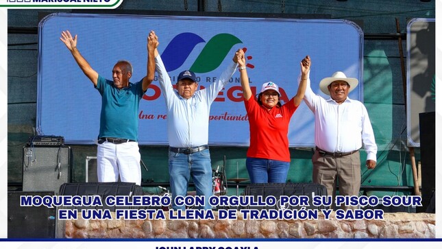 Moquegua celebró con gran entusiasmo el Día del Pisco Sour 2025, en un evento protocolar realizado en el Campo Ferial Alfonso Gambeta, donde participaron el alcalde provincial, CPC John Larry Coayla, la Gobernadora Regional, Srta. Gilia Gutiérrez, y el alcalde distrital de San Antonio, Ing. Santos Villegas Mamani.