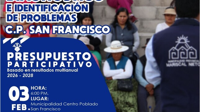 La Municipalidad Provincial Mariscal Nieto a través de la Subgerencia de Planes y Presupuesto Participativo, invita a la población organizada, instituciones públicas y privadas al Taller de Diagnóstico e identificación de problemas, del proceso de Presupuesto Participativo Basado en Resultados, Multianual 2026 – 2028.