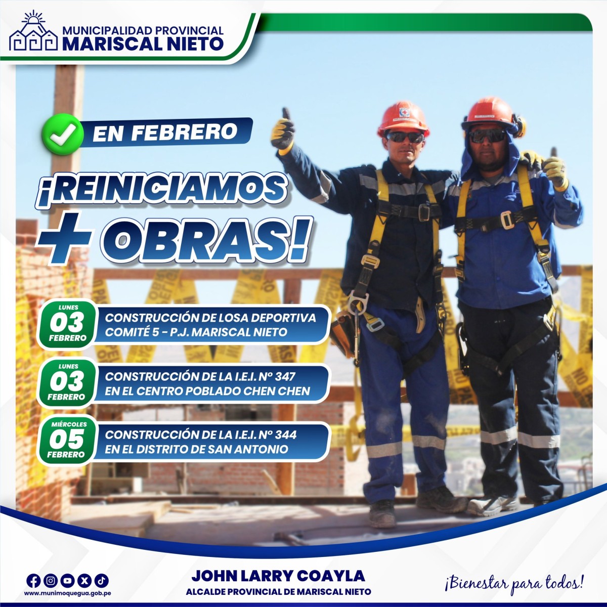 Con el objetivo de generar más oportunidades laborales, la Municipalidad Provincial de Mariscal Nieto, a través de la Subgerencia de Obras, continúa con el reinicio de importantes proyectos en este 2025.