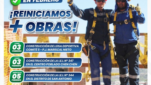 Con el objetivo de generar más oportunidades laborales, la Municipalidad Provincial de Mariscal Nieto, a través de la Subgerencia de Obras, continúa con el reinicio de importantes proyectos en este 2025.