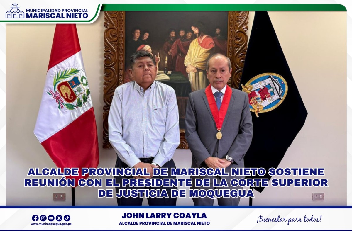 El alcalde provincial de Mariscal Nieto, John Larry Coayla, sostuvo una reunión con el presidente de la Corte Superior de Justicia de Moquegua, Dr. Jorge Guillermo Fernández Ceballos, quien mostró su preocupación por el Ingreso del Río y Defensa Ribereña.