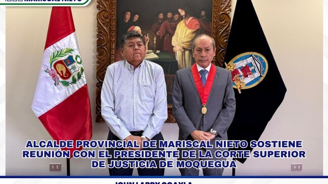 El alcalde provincial de Mariscal Nieto, John Larry Coayla, sostuvo una reunión con el presidente de la Corte Superior de Justicia de Moquegua, Dr. Jorge Guillermo Fernández Ceballos, quien mostró su preocupación por el Ingreso del Río y Defensa Ribereña.