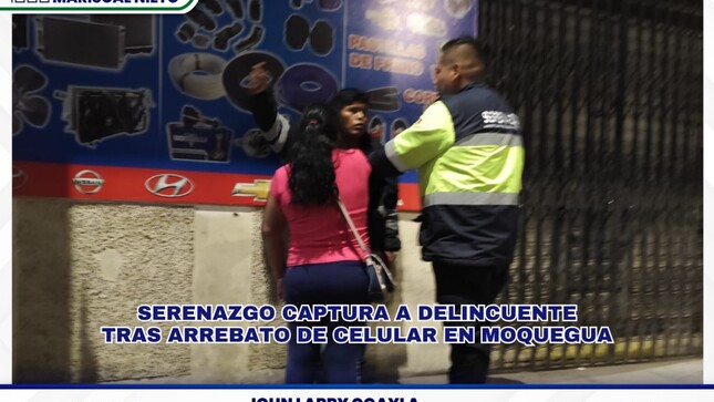 En horas de la madrugada, aproximadamente a las 02:00 a.m., personal de Serenazgo de la Oficina de Seguridad Ciudadana logró la captura de un individuo que intentaba darse a la fuga tras arrebatar un celular a una ciudadana en la Av. Manuel C. de la Torre, a la altura del paradero de las combis.