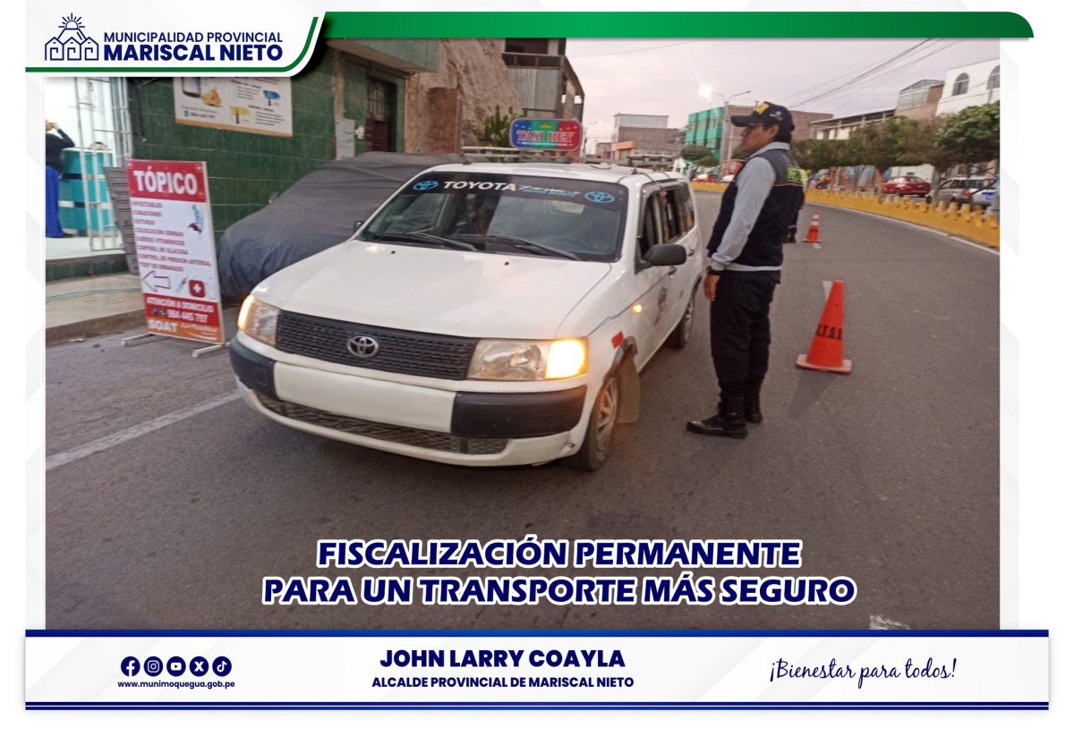 Con el firme compromiso de garantizar un transporte seguro y ordenado en la ciudad de Moquegua, seguimos intensificando los operativos inopinados a través del Área de Fiscalización de la Sub Gerencia de Transportes y Seguridad Vial.