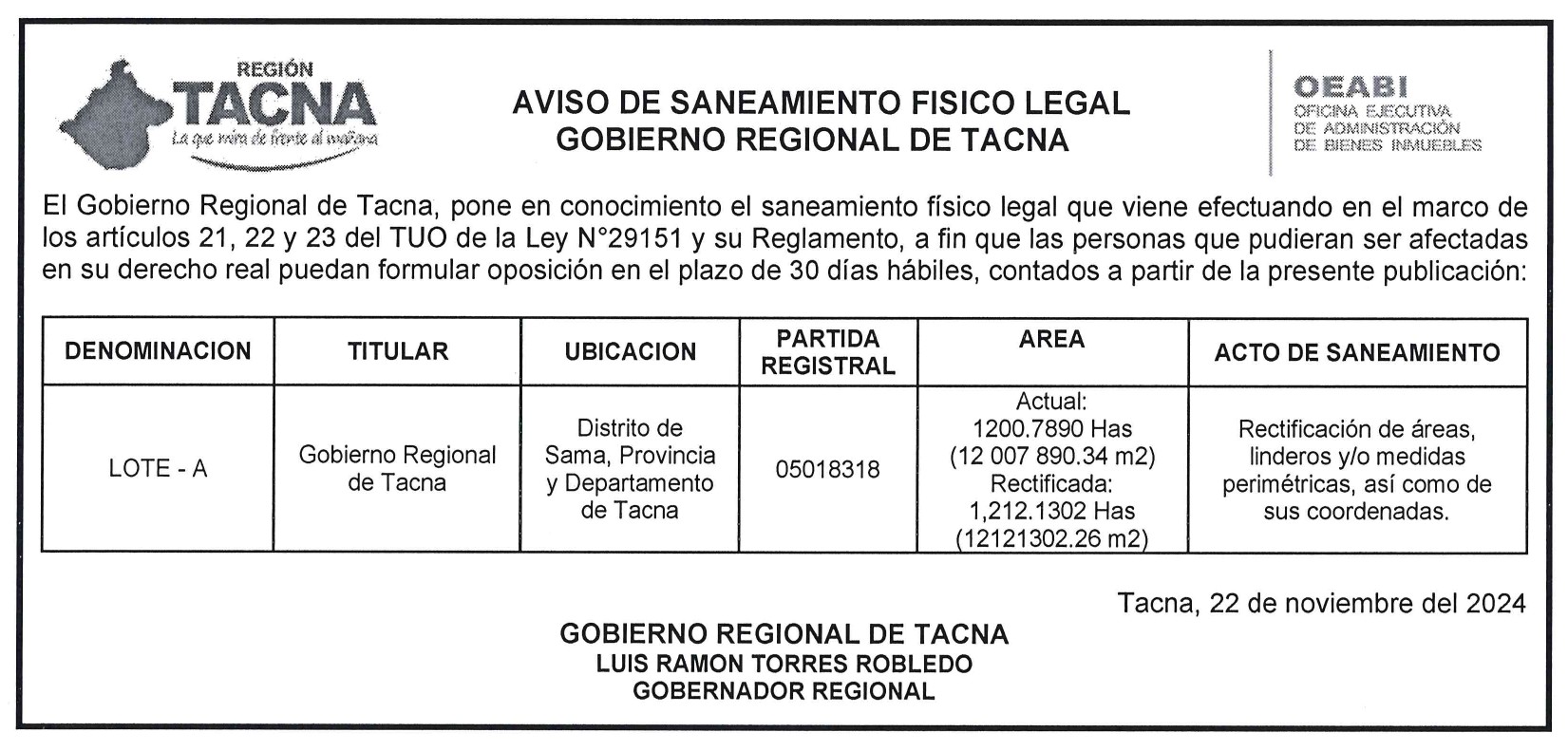 Aviso de Saneamiento Físico Legal