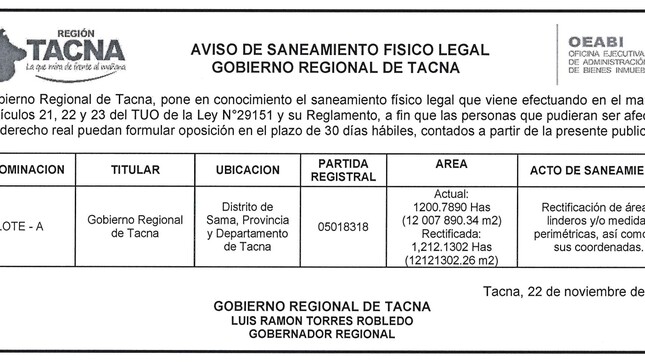 Aviso de Saneamiento Físico Legal