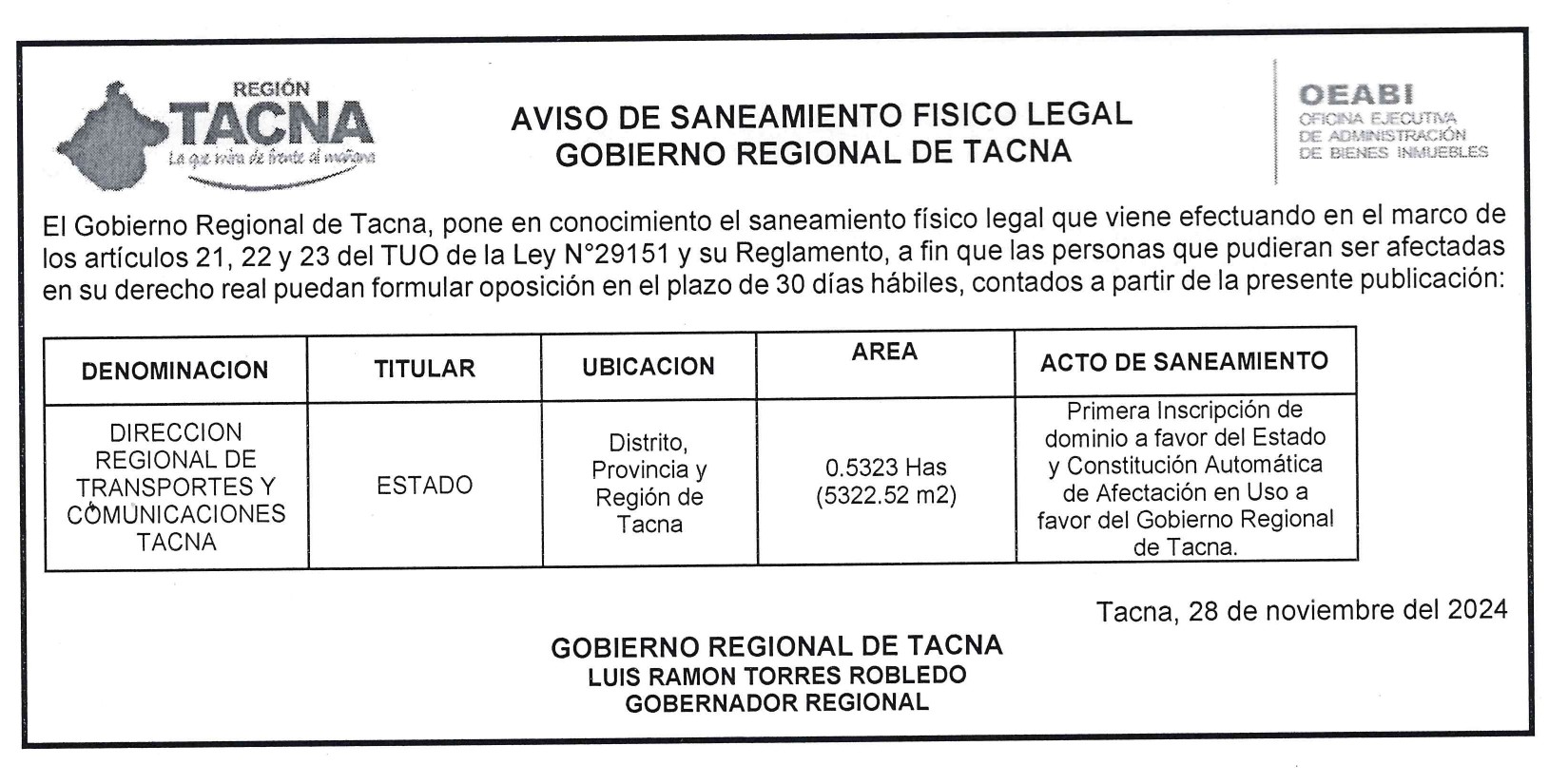 Aviso de Saneamiento Físico Legal