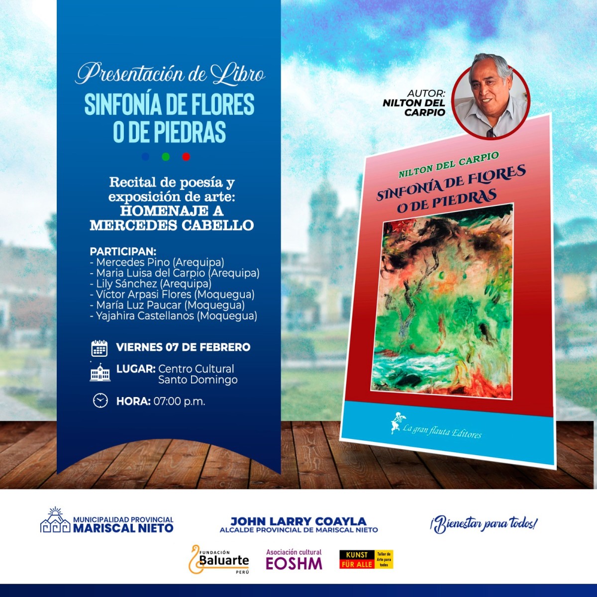 La Municipalidad Provincial de Mariscal Nieto te invita a un evento cultural imperdible: Recital de Poesía y Exposición de Arte en Homenaje a Mercedes Cabello.