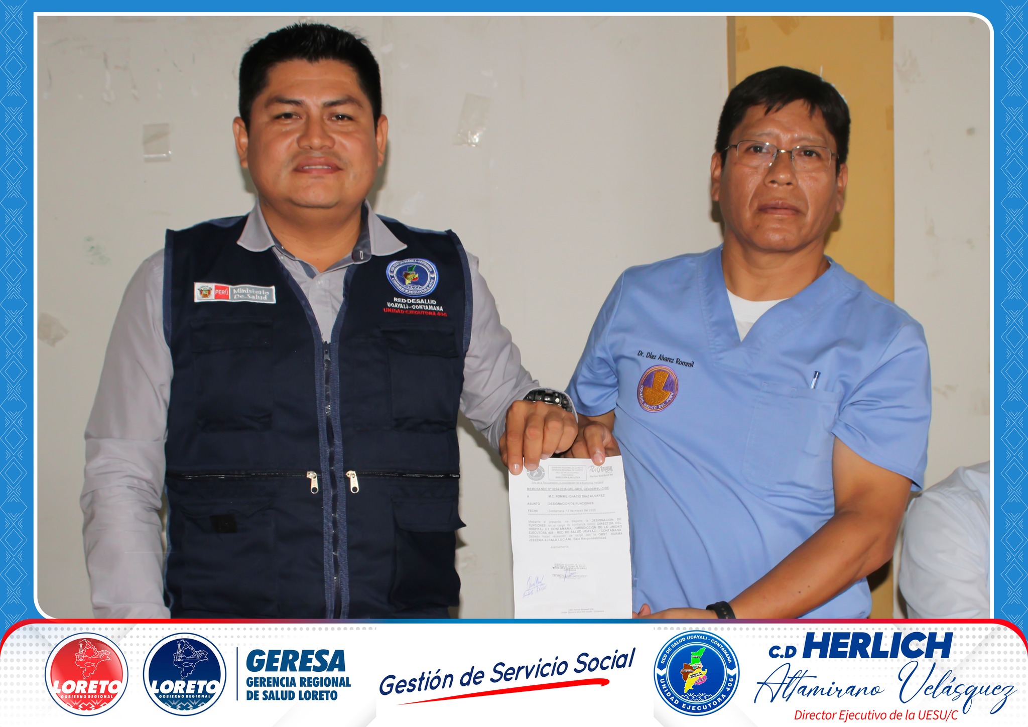 el ejecutivo de la salud provincial, C.D. Herlich Altamirano Velásquez, felicitó al Nuevo Director Ejecutivo por su designación y augurando éxitos en su gestión