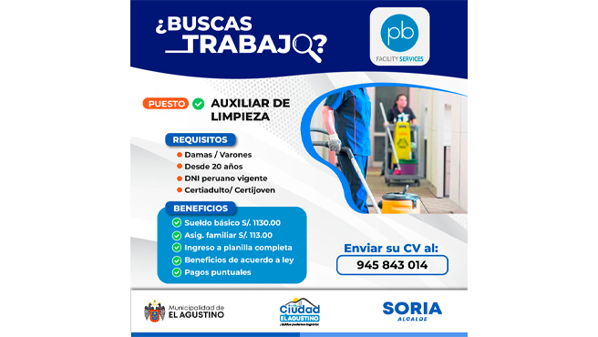 Facility Services ha abierto una nueva convocatoria laboral para AUXILIAR DE LIMPIEZA. 📌  
📲Envía tu CV al 945 843 014 y postula ahora.  
✅ ¡No dejes pasar esta oportunidad!
 #ElAgustinoTrabaja #OportunidadLaboral #Empleo