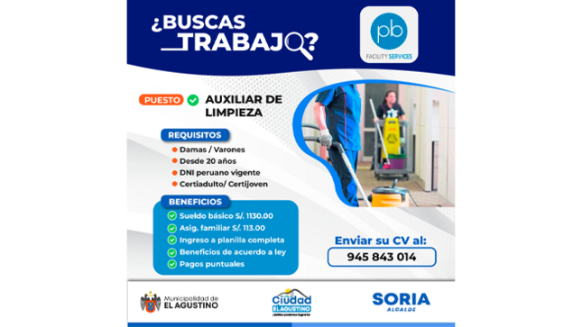 Facility Services ha abierto una nueva convocatoria laboral para AUXILIAR DE LIMPIEZA. 📌  
📲Envía tu CV al 945 843 014 y postula ahora.  
✅ ¡No dejes pasar esta oportunidad!
 #ElAgustinoTrabaja #OportunidadLaboral #Empleo