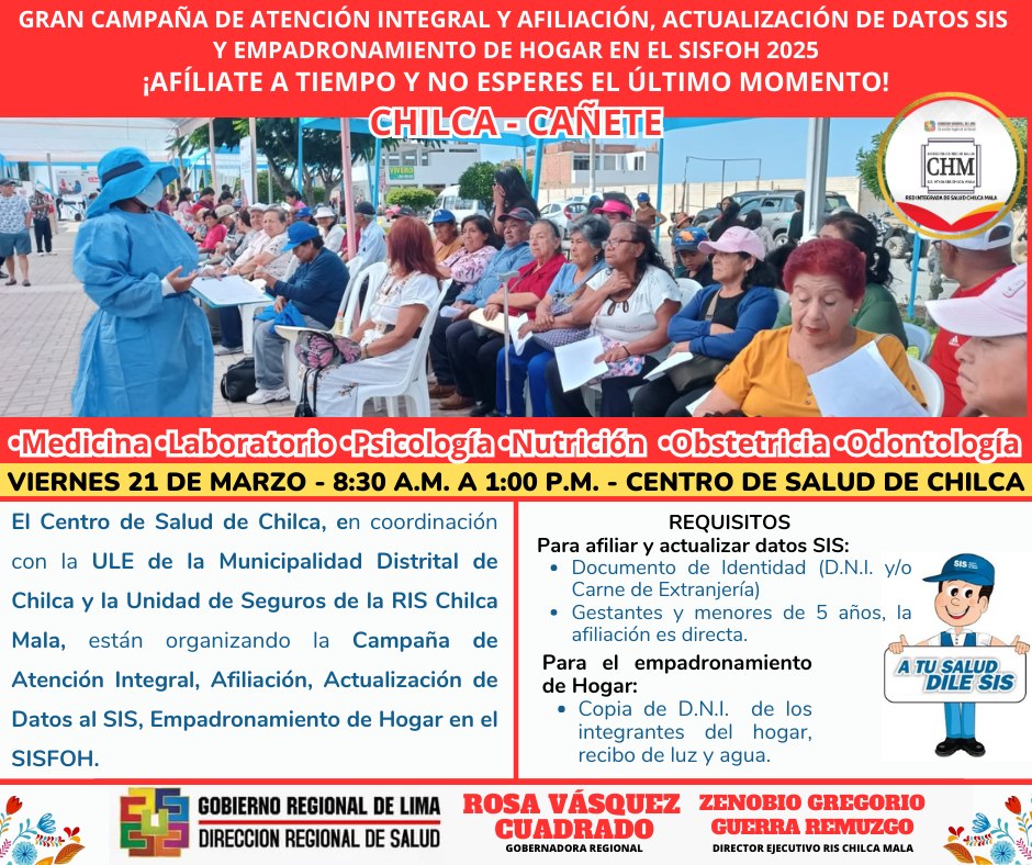 RIS Chilca Mala: Gran Campaña de Salud Integral; Afiliación y Actualización de datos SIS en el Centro de Salud de Chilca