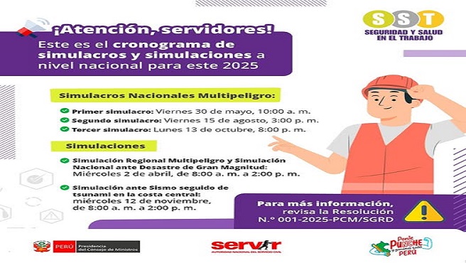 ATENCIÓN Y SERVIDORES , ESTE ES EL CRONOGRAMA DE SIMULACIONES A NIVEL NACIONAL PARA ESTE 2025 - SEGURIDAD Y SALUD EN EL TRABAJO SST - REVISA LA RESOLUCIÓN N 001-2025 - PCM / SGRD - DRTPE PIURA