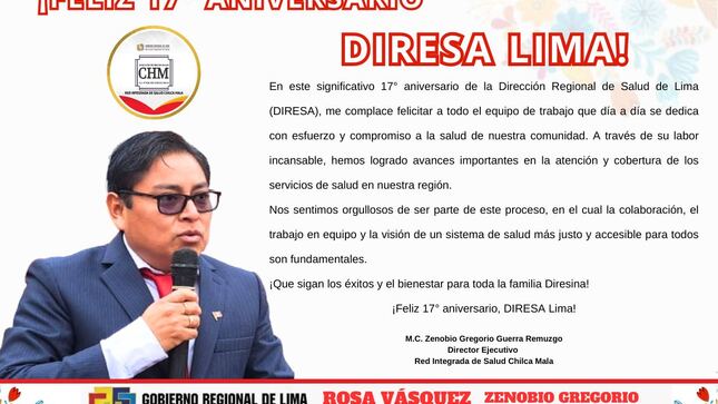 Director Ejecutivo de la RIS Chilca Mala saluda por el 17° Aniversario a DIRESA Lima 