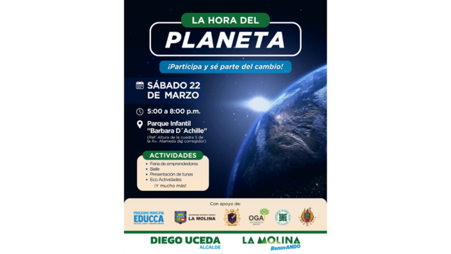 Molinenses también se sumarán a actividades por La Hora del Planeta
