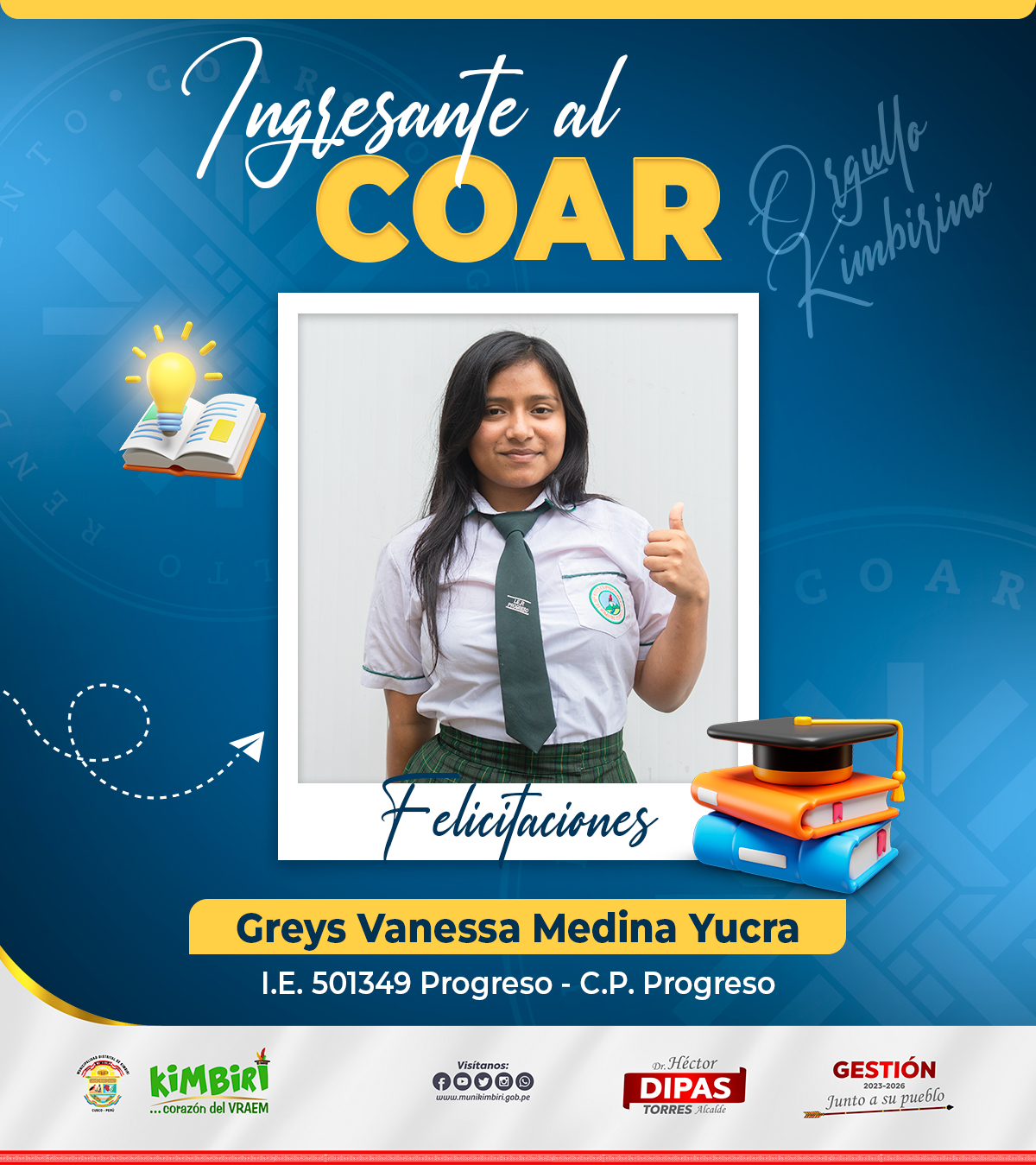 Greys Vanessa Medina Yucra, del Centro Poblado de Progreso