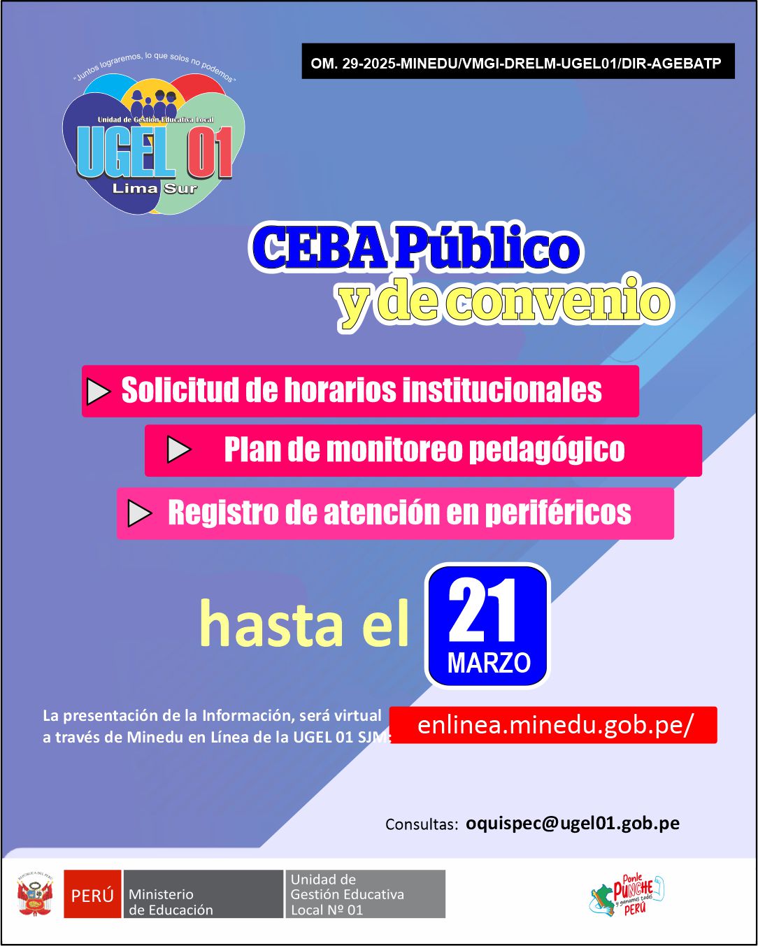 Ceba Publico y Privado solicitud de horarios institucionales, plan de monitoreo pedagógico y registro de atención de periféricos 21/03/2025