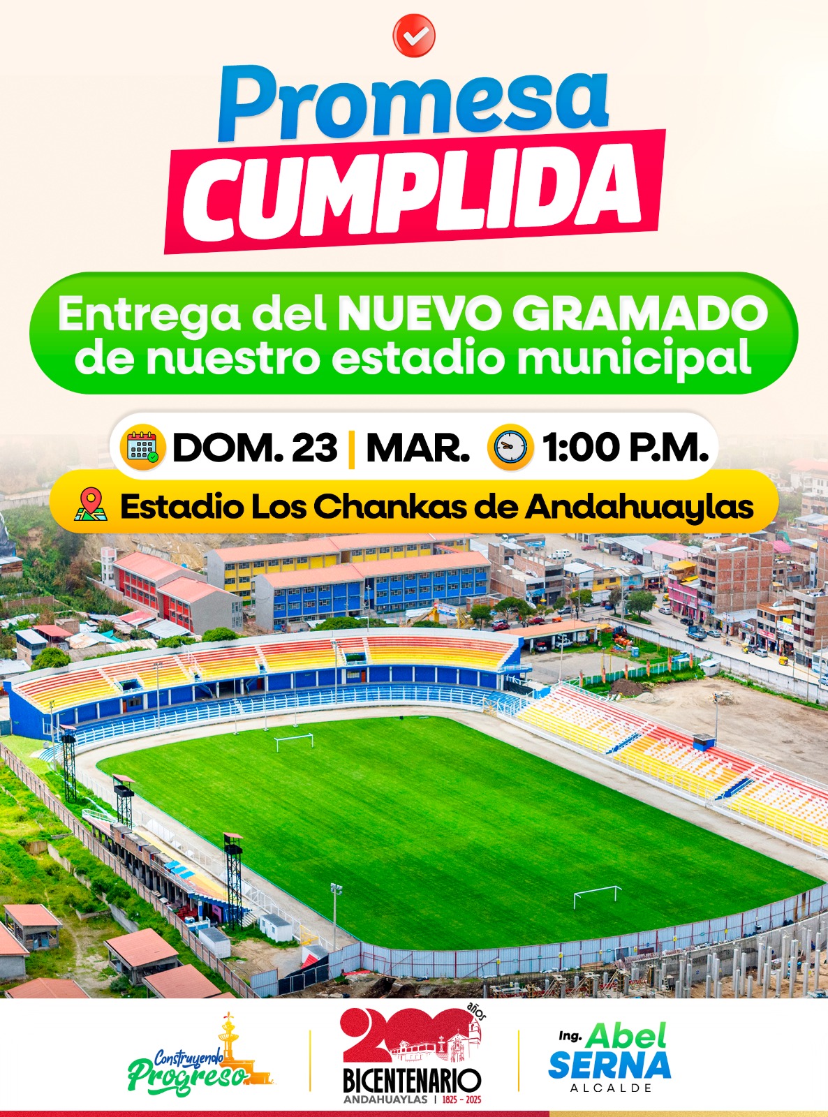 TOTALMENTE RENOVADO Y APROBADO, EL GRAMADO DEL ESTADIO MUNICIPAL LOS CHANKAS ESTÁ LISTO PARA SU ENTREGA