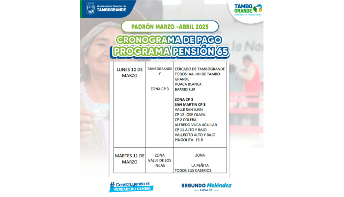 ¡Atención beneficiarios de Pensión 65 en Tambogrande!