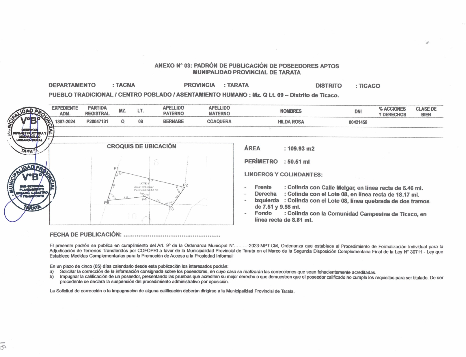 Publicacion de Poseedores Aptos para ser Titulados - Acta de Publicacion Empadronamiento o Verificacion