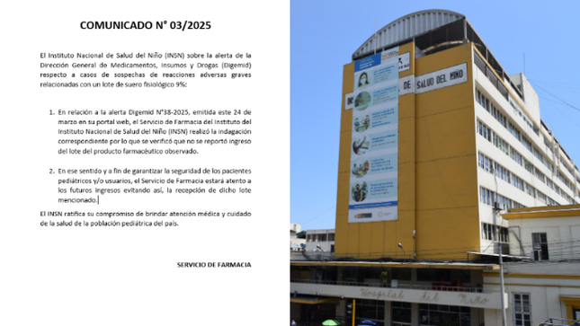 El Instituto Nacional de Salud del Niño (INSN) sobre la alerta de la DIGEMID
