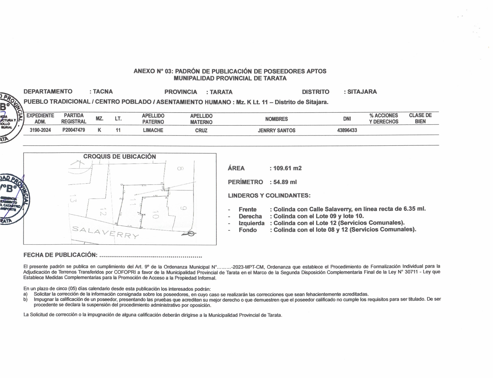 Publicacion de Poseedores Aptos para ser Titulados - Acta de Publicacion Empadronamiento o Verificacion