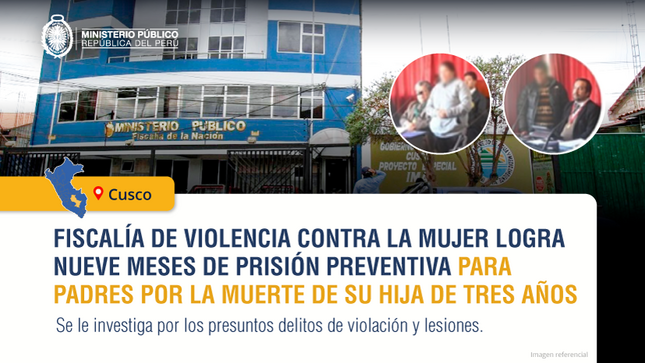 Fiscalía de Violencia contra la Mujer logra nueve meses de prisión preventiva para padres por la muerte de su hija de tres años en Cusco.