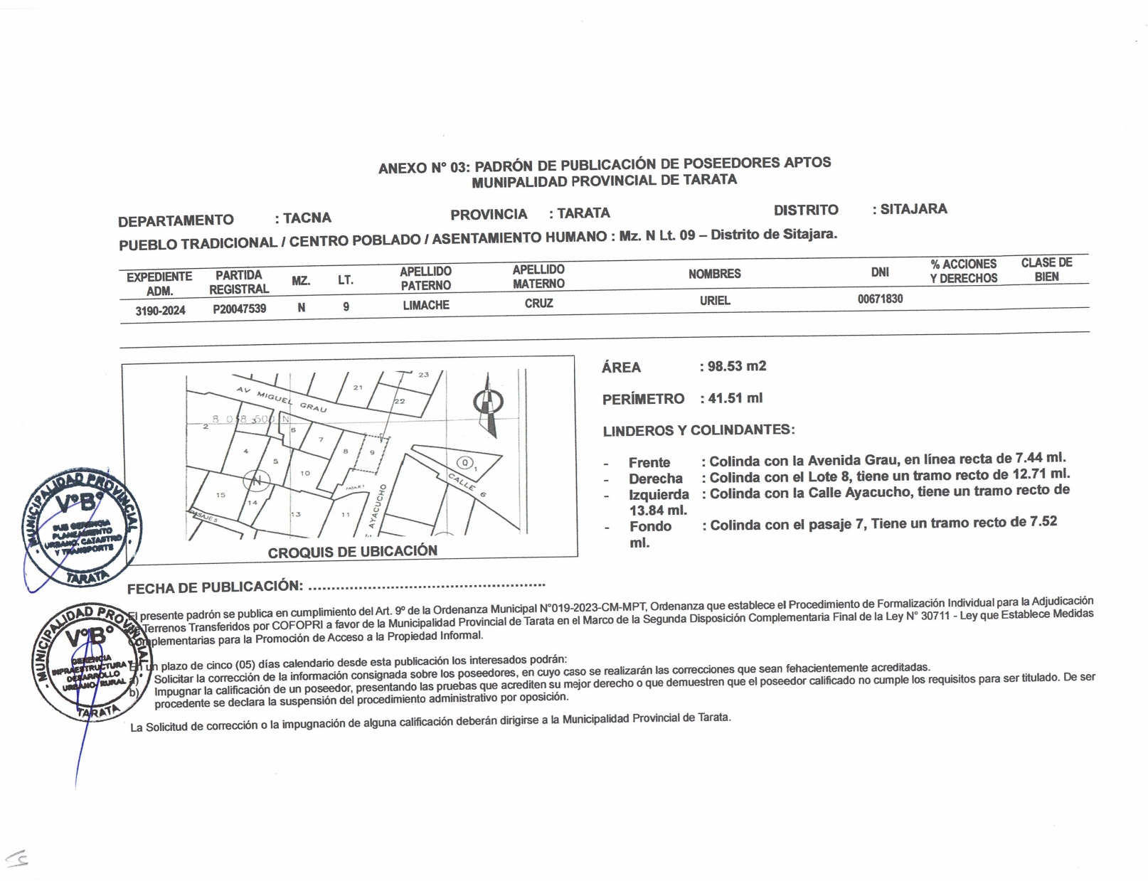 Publicacion de Poseedores Aptos para ser Titulados - Acta de Publicacion Empadronamiento o Verificacion