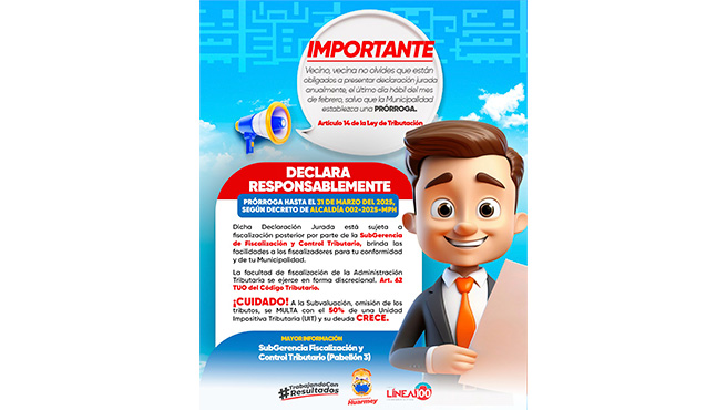 La Sub Gerencia de Fiscalización y Control Tributario de la Municipalidad Provincial de Huarmey, te recuerda: