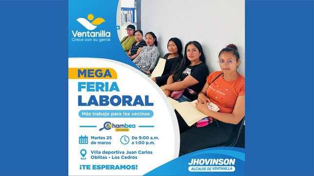 👨‍💼👩‍💼 Vecino, participa en la mega feria laboral “Chambea Ventanilla 2025” 📅 este 25 de marzo en la 🏟️ Villa Deportiva Juan Carlos Oblitas y accede a un empleo formal 💼✅.