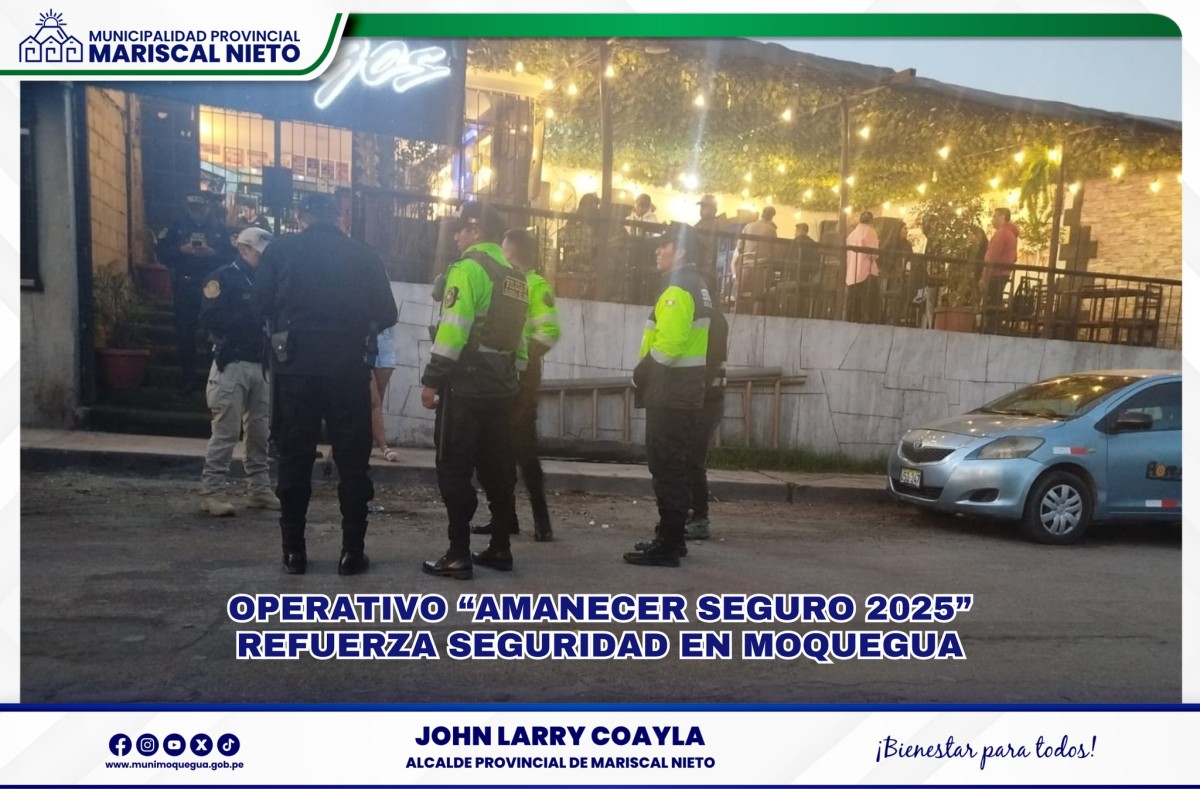 Con el objetivo de reforzar la seguridad ciudadana y prevenir actos delictivos, la Policía Nacional del Perú, en coordinación con el equipo de Serenazgo de la Municipalidad Provincial Mariscal Nieto, llevó a cabo el operativo “Amanecer Seguro 2025” en distintos puntos de la ciudad.