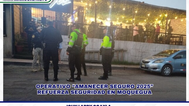 Con el objetivo de reforzar la seguridad ciudadana y prevenir actos delictivos, la Policía Nacional del Perú, en coordinación con el equipo de Serenazgo de la Municipalidad Provincial Mariscal Nieto, llevó a cabo el operativo “Amanecer Seguro 2025” en distintos puntos de la ciudad.
