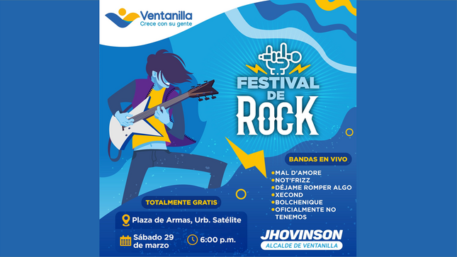 Este sábado 29 de marzo, la Plaza de Armas de Urb. Satélite se llena de música 🎸 con un festival de rock 🎶 totalmente gratis. Disfruta de bandas locales en vivo y restobares desde las 6:00 p.m.