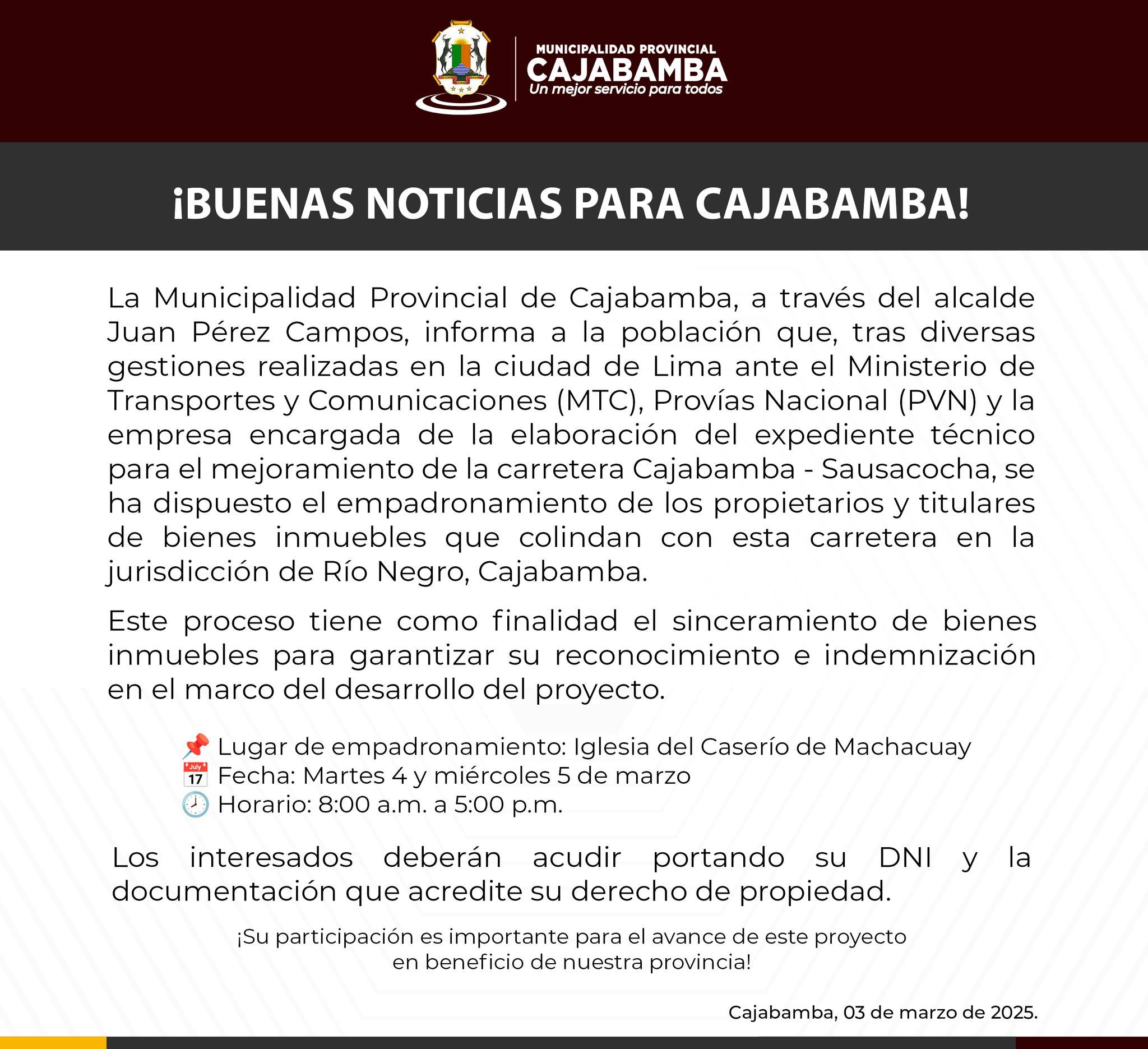 Buenas noticias para Cajabamba