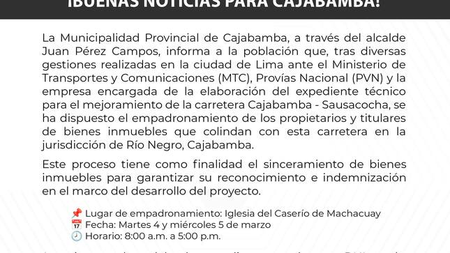 Buenas noticias para Cajabamba