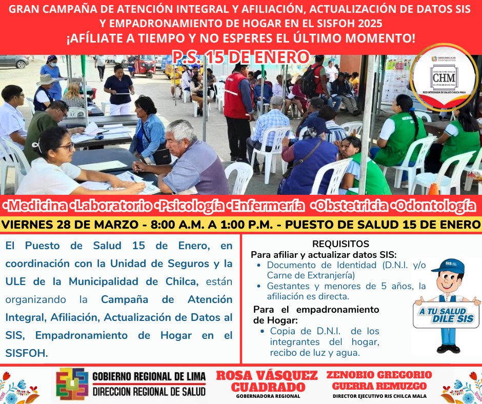 RIS Chilca Mala: Gran Campaña de Salud Integral; Afiliación y Actualización de datos SIS en el Puesto de Salud de 15 de Enero