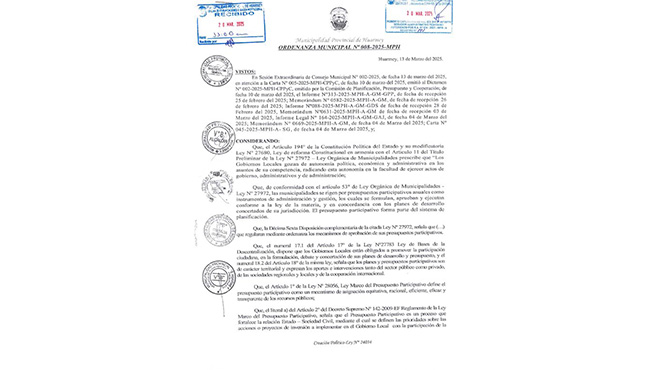 Ordenanza Municipal Nº008-2025-MPH