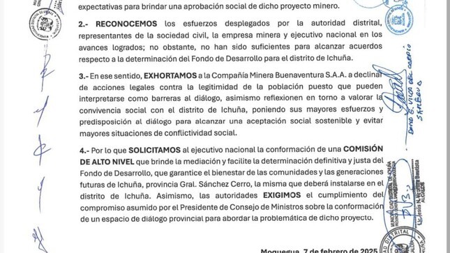 Alcalde provincial suscribe pronunciamiento de apoyo a pueblo de Ichuña y comunidades afectadas por minería y solicitan intervención de gobierno central. Documento es firmado por alcaldes distritales y gobernadora regional