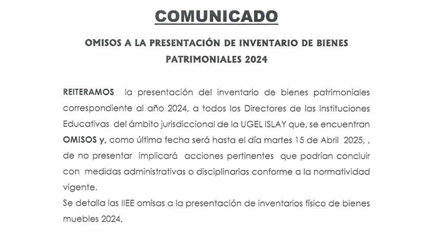 Comunicado: Omisos a la presentación de inventario de bienes patrimoniales 2024