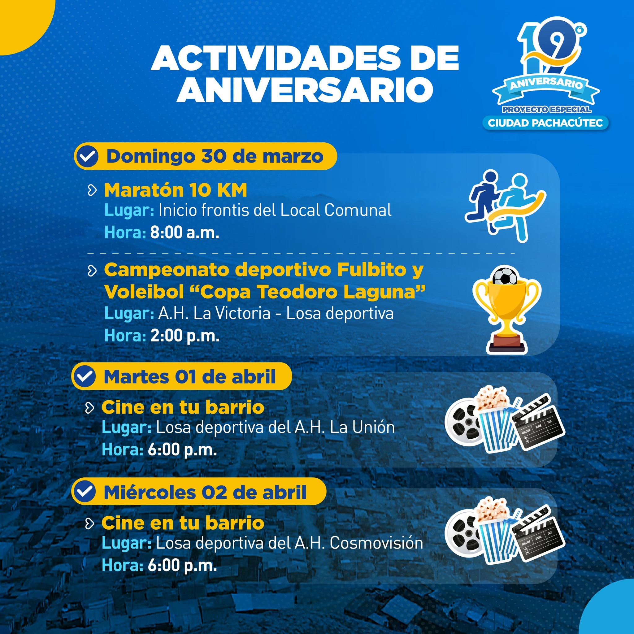 🎉🎊 Celebramos el 19° Aniversario de Ciudad Pachacútec con actividades gratuitas para todos. ¡Te esperamos! 🏙️🎶