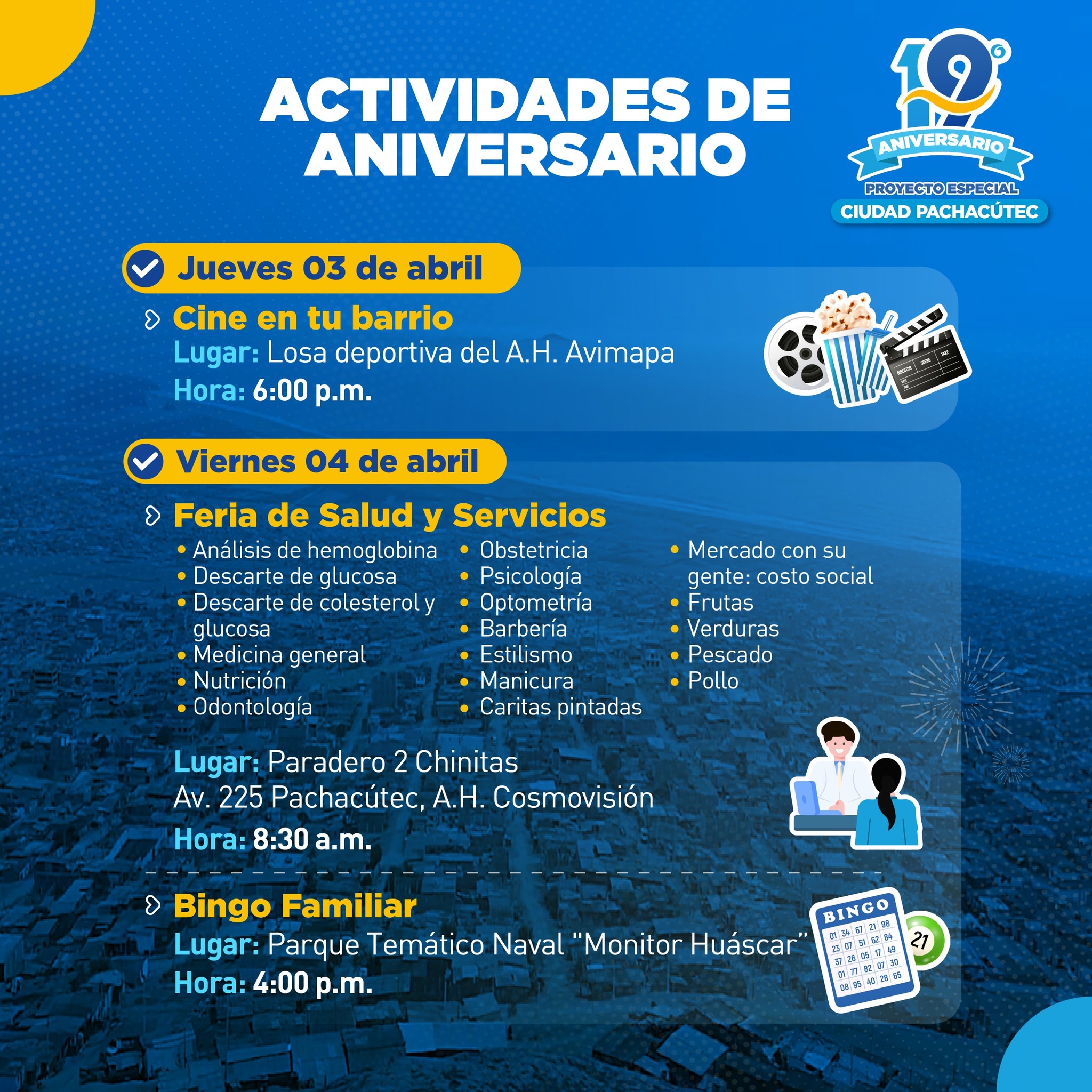 🎉🎊 Celebramos el 19° Aniversario de Ciudad Pachacútec con actividades gratuitas para todos. ¡Te esperamos! 🏙️🎶