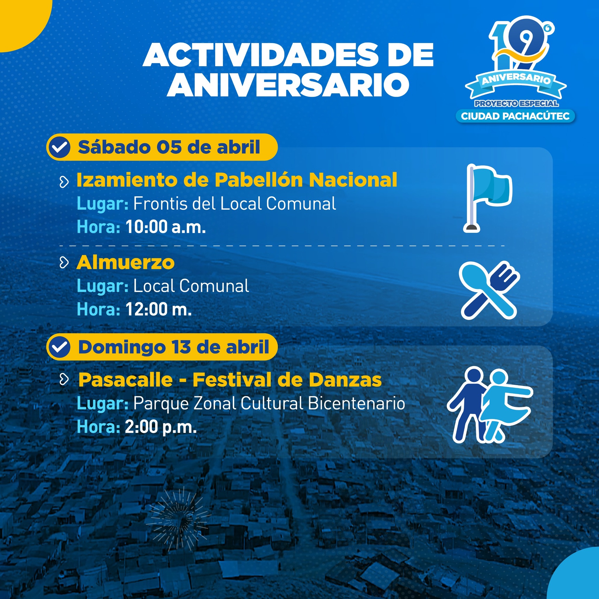 🎉🎊 Celebramos el 19° Aniversario de Ciudad Pachacútec con actividades gratuitas para todos. ¡Te esperamos! 🏙️🎶