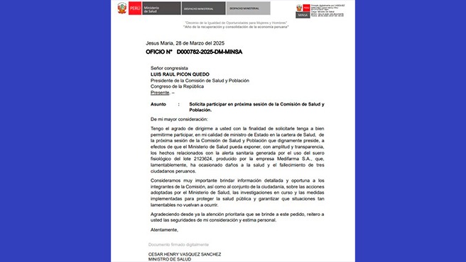 Ministro César Vásquez pidió acudir al Congreso para informar con transparencia sobre caso del suero contaminado