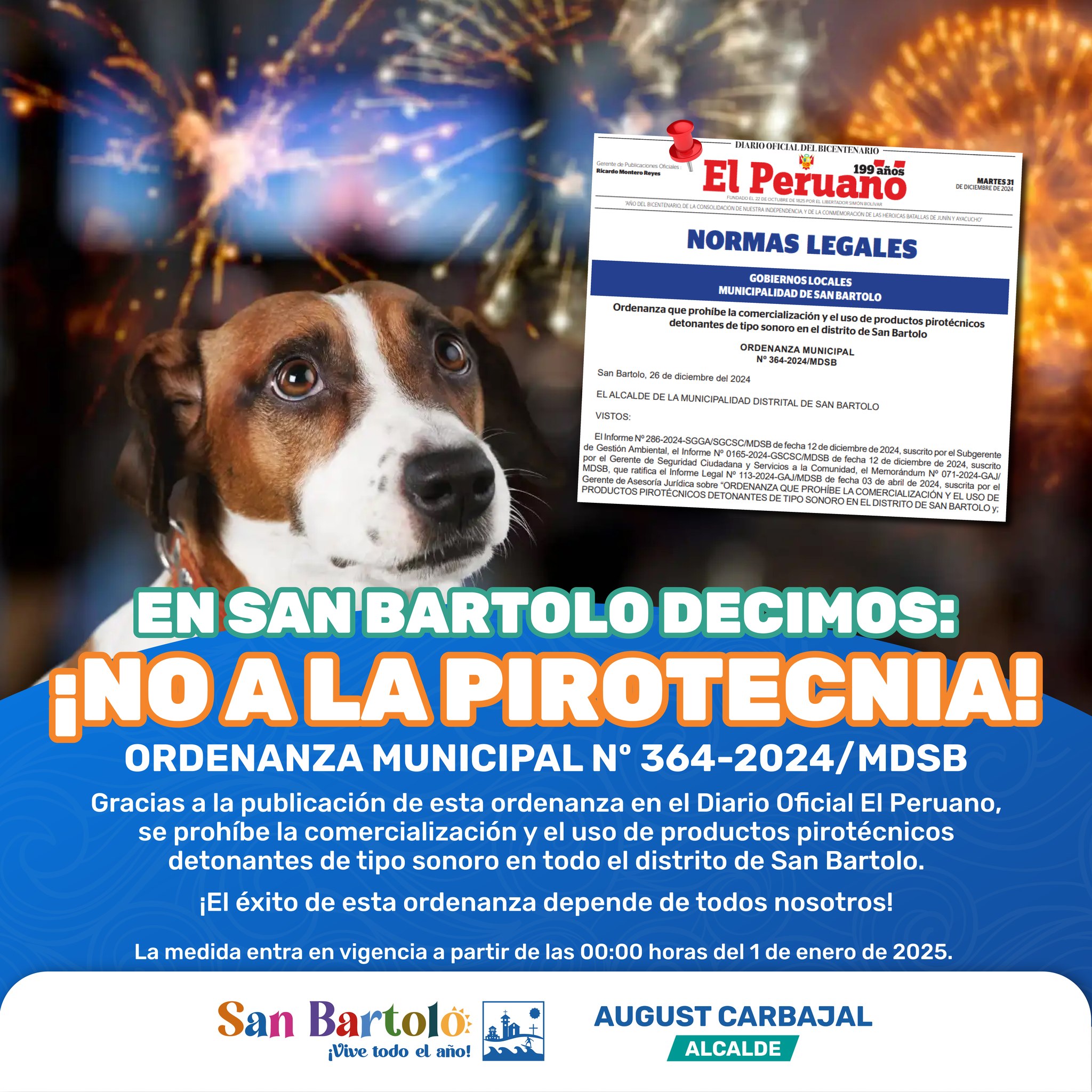 Con la publicación de la Ordenanza Municipal N° 364-2024-MDSB, San Bartolo prohíbe la comercialización y uso de productos pirotécnicos.