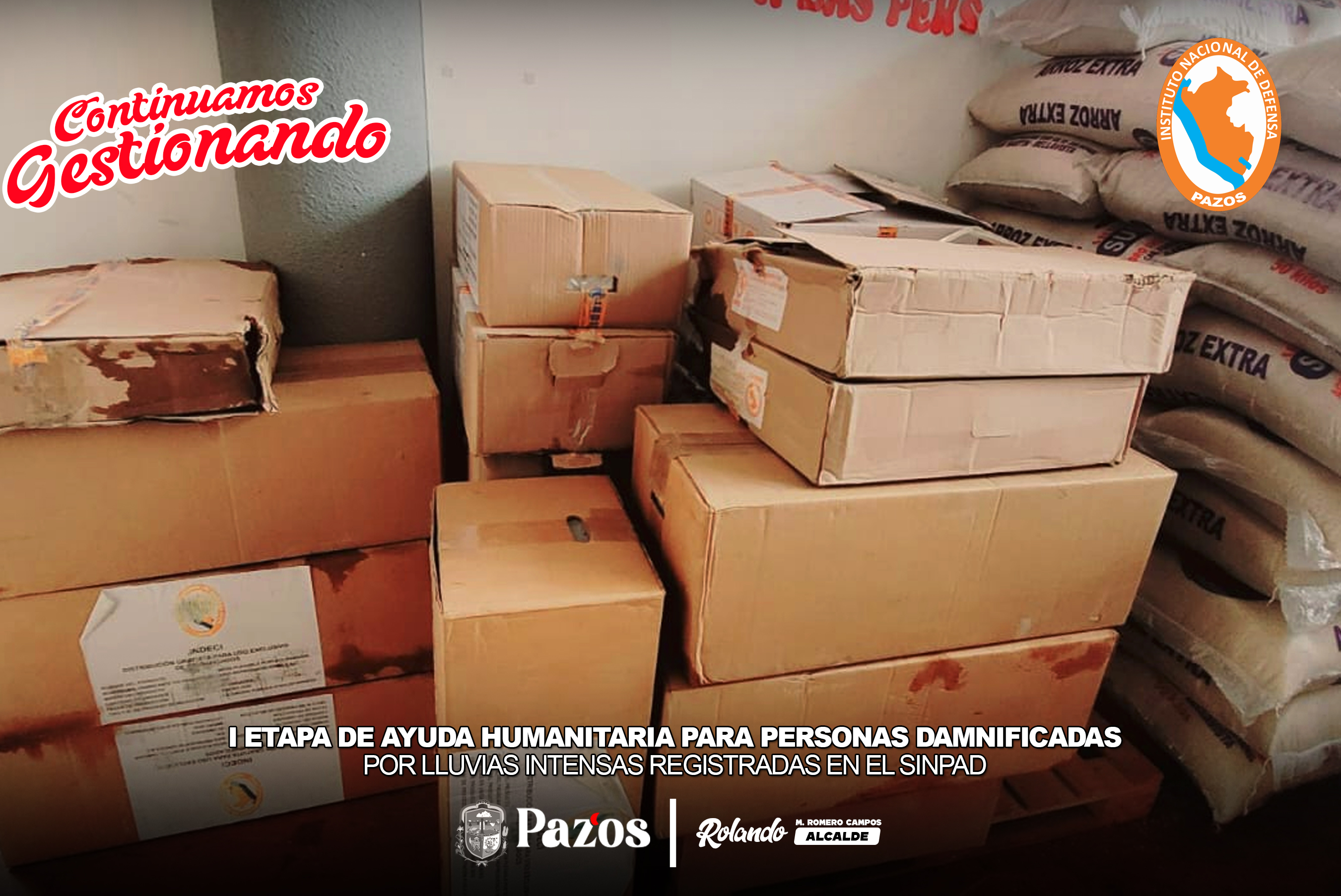 ✅ El día de hoy, la Municipalidad Distrital de Pazos, dirigida por el alcalde Rolando Manuel Romero Campos, recibió la primera etapa de la ayuda humanitaria en atención a la emergencia suscitada por intensas precipitaciones pluviales. Ante dicha emergencia se realizaron las gestiones  por parte de nuestro alcalde y el Área de Defensa Civil ante el INDECI (Instituto Nacional de Defensa Civil), logrando así obtener este importante lote de ayuda humanitaria, correspondiente a los códigos SINPAD N° 220340 y 219839. 
✅ Este suministro de emergencia está destinada a las familias afectadas por las intensas lluvias que golpearon nuestro distrito en las últimas semanas. En la cual en esta primera etapa el sistema está considerando a los damnificados de los centros poblados de Tongos, Acocra, Santa Cruz de Ila, Coyllorpampa y Pazos, quienes fueron debidamente registrados en el SINPAD (Sistema Nacional de Información para la Prevención y Atención de Desastres).
✅ En esta primera fase de ayuda, se han recibido materiales y productos alimentarios, los cuales serán distribuidos de manera organizada y transparente a las familias más afectadas. Entre lo recepcionado se incluyen productos alimentarios, herramientas y otros artículos esenciales para sobrellevar esta difícil situación.