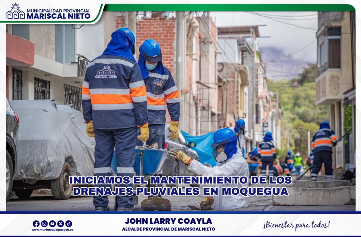 Con el objetivo de mejorar el sistema de drenaje pluvial y garantizar la seguridad de nuestros vecinos del distrito de Moquegua, desde la Municipalidad Provincial Mariscal Nieto hemos puesto en marcha un importante proyecto de mantenimiento de la infraestructura de drenajes pluviales en las principales avenidas y calles de la ciudad.