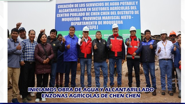 El alcalde de la Municipalidad Provincial Mariscal Nieto, John Larry Coayla, lideró la ceremonia de colocación de la primera piedra para el inicio de los trabajos de instalación de servicios de agua potable y alcantarillado en los sectores agrícolas del centro poblado de Chen Chen.