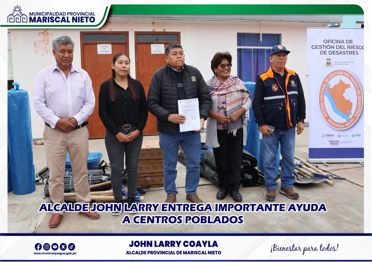 
El alcalde de la Municipalidad Provincial de Mariscal Nieto, CPC. John Larry Coayla, entregó material de apoyo a los alcaldes de los centros poblados de Chen Chen, Los Ángeles y San Francisco, como parte de una acción solidaria ante las fuertes precipitaciones pluviales que han afectado a la región.