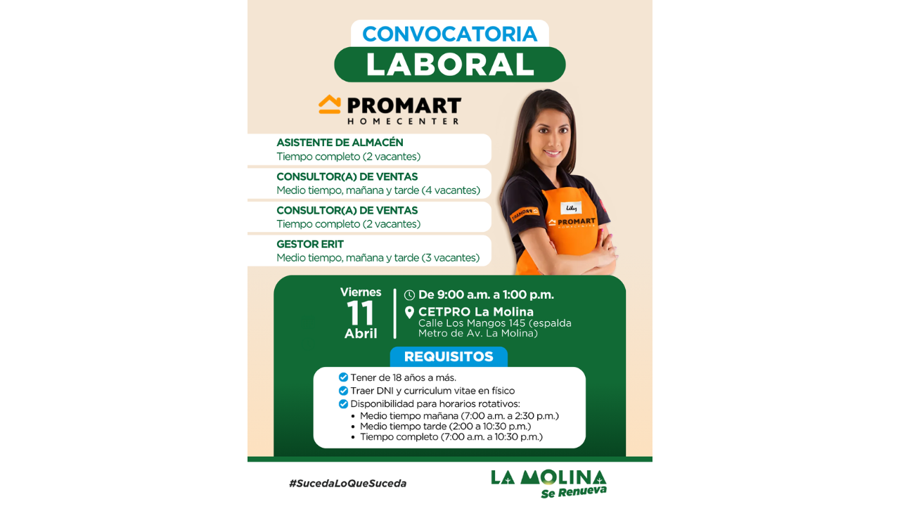 ¿Quieres una oportunidad laboral? La Municipalidad de La molina te la ofrece