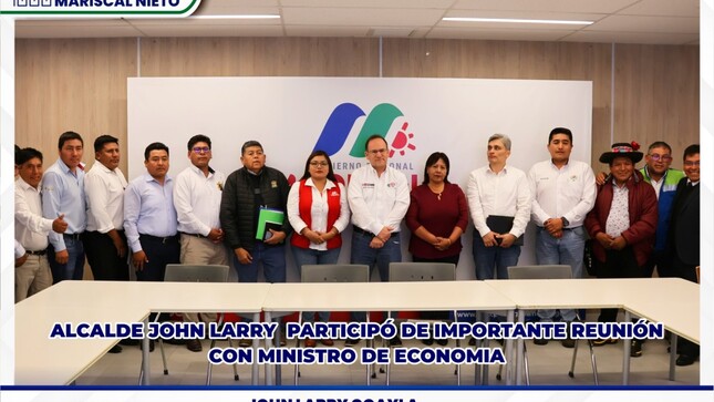 Nuestro alcalde John Larry Coayla, participó en una reunión clave con el Ministro de Economía y Finanzas, José Antonio Salardi Rodriguez, junto a la Gobernadora Regional, Abg. Gilia Ninfa Gutiérrez Ayala, los alcaldes provinciales de Ilo y General Sanchez Cerro y alcaldes distritales de nuestra región, la reunión se desarrolló en la sede del Gobierno regional Moquegua.